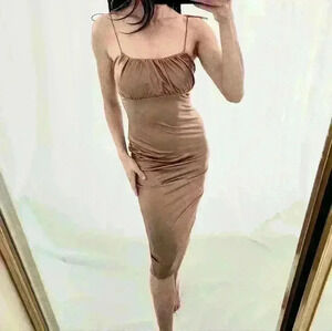 NWOT ASOS Taupe Midi Dress Vegan Matte Leather Blush Pink Burnt Coral Strap Sexy